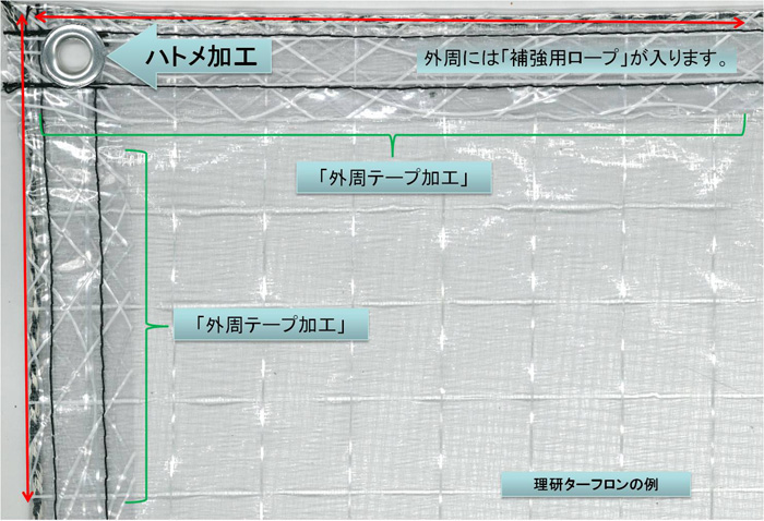 外周テープ加工＋1m間隔ハトメ仕様＋補強用ロープ入り